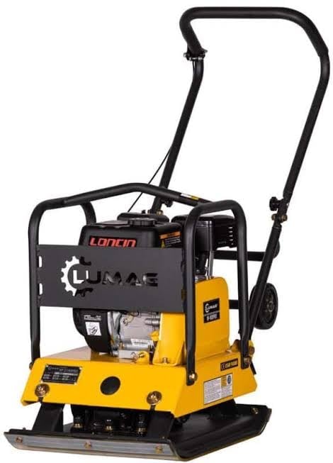 Yellow and black Loncin plate compactor with handlebar and diesel engine for soil compaction