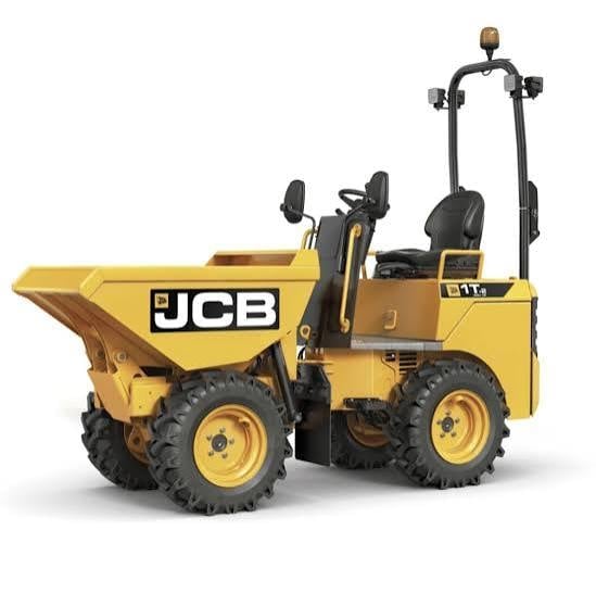 Yellow JCB mini dumper truck with articulated steering and operator cab against white background