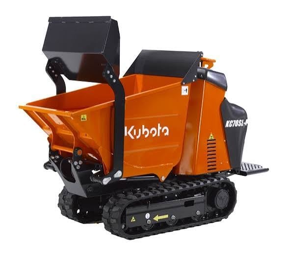 Orange and black Kubota tracked dumper with dump bed tilted up, showing hydraulic system and rubber track treads