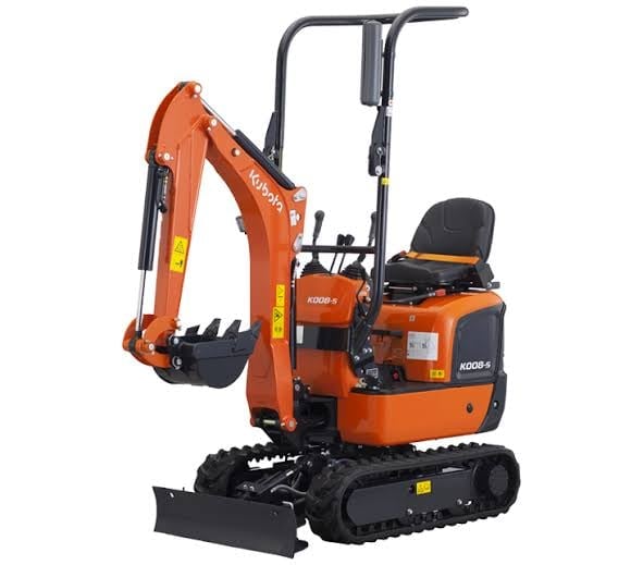 Orange and black compact mini excavator with bucket attachment, hydraulic arm, and tracked treads on white background