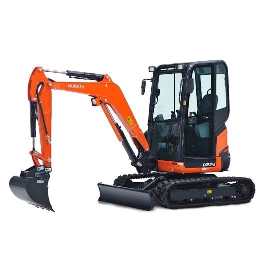 Orange and black compact mini excavator with articulated boom arm and bucket attachment