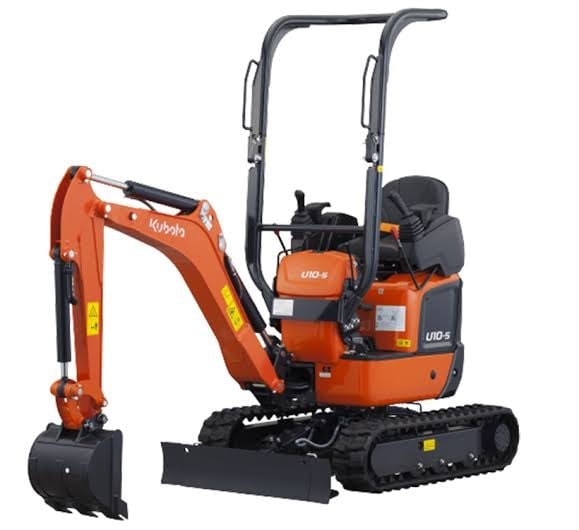 Orange and black compact excavator with articulated boom arm and bucket attachment on tracked undercarriage