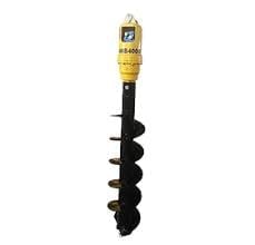 Yellow and black power auger drill bit with spiral flutes for soil boring