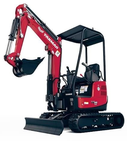 Red and black Yanmar compact excavator with articulated boom, bucket attachment, and enclosed cab on white background